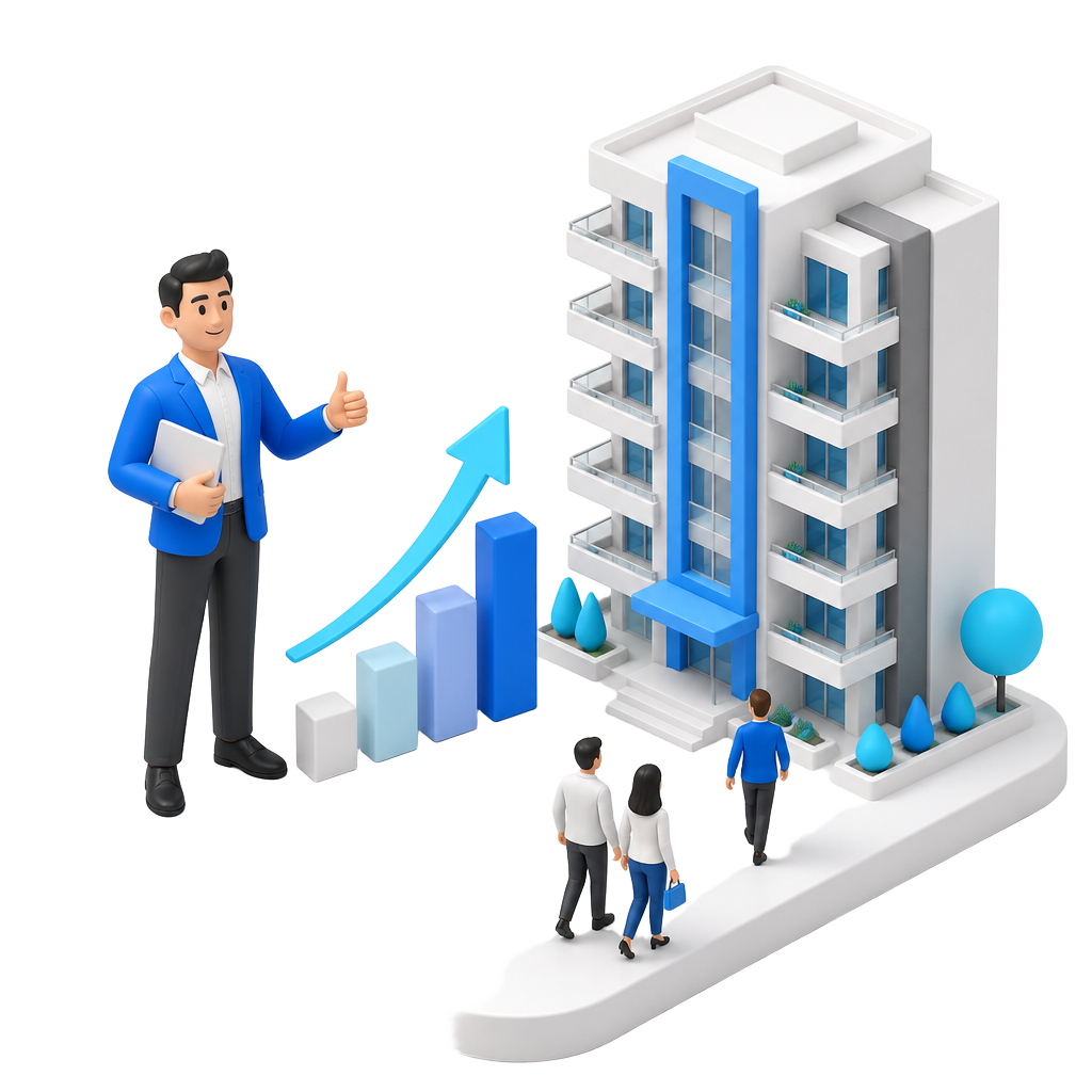 Blue 3D illustration of a busy builder sales office with buyers and a funnel