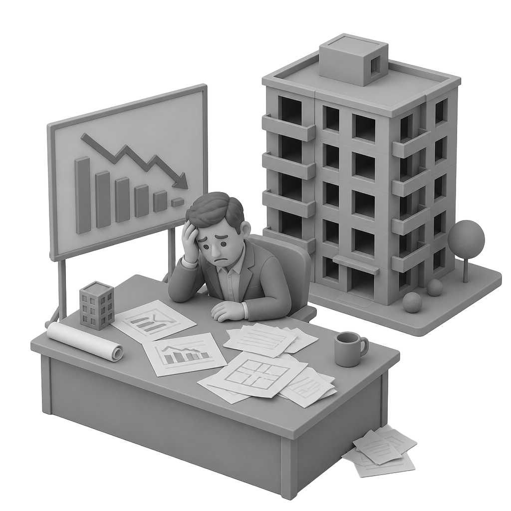 Grey 3D illustration of an empty builder sales office with scattered paperwork