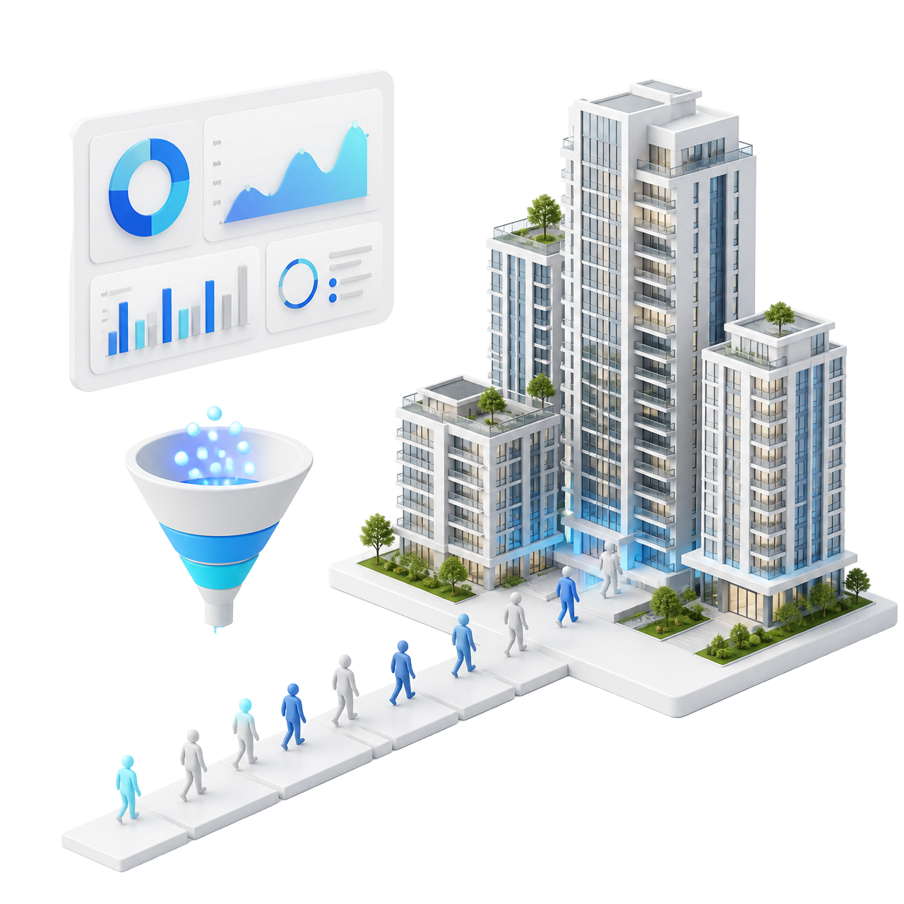 3D illustration of a residential tower beside a marketing funnel dashboard